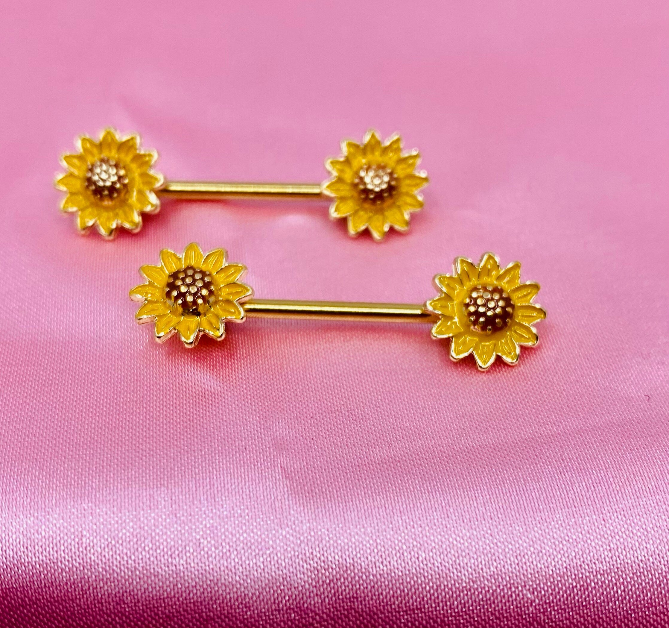 14G Yellow Sunflower Ends Nipple Barbells. Nipple Piercing. Nipple Jewelry.