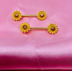 14G Yellow Sunflower Ends Nipple Barbells. Nipple Piercing. Nipple Jewelry.