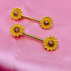 14G Yellow Sunflower Ends Nipple Barbells. Nipple Piercing. Nipple Jewelry.