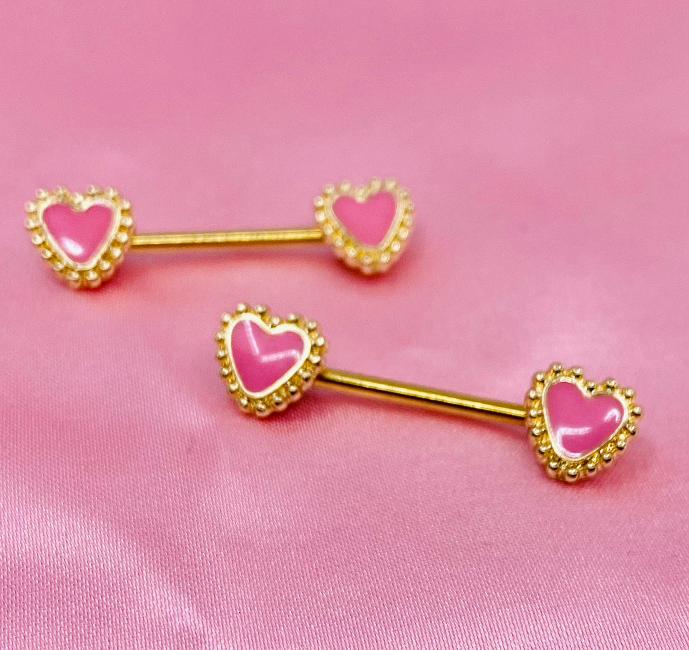 Pair of 14G Gold Pink Heart Nipple Barbells. Nipple Jewelry. Nipple Barbells. Nipple Piercing.