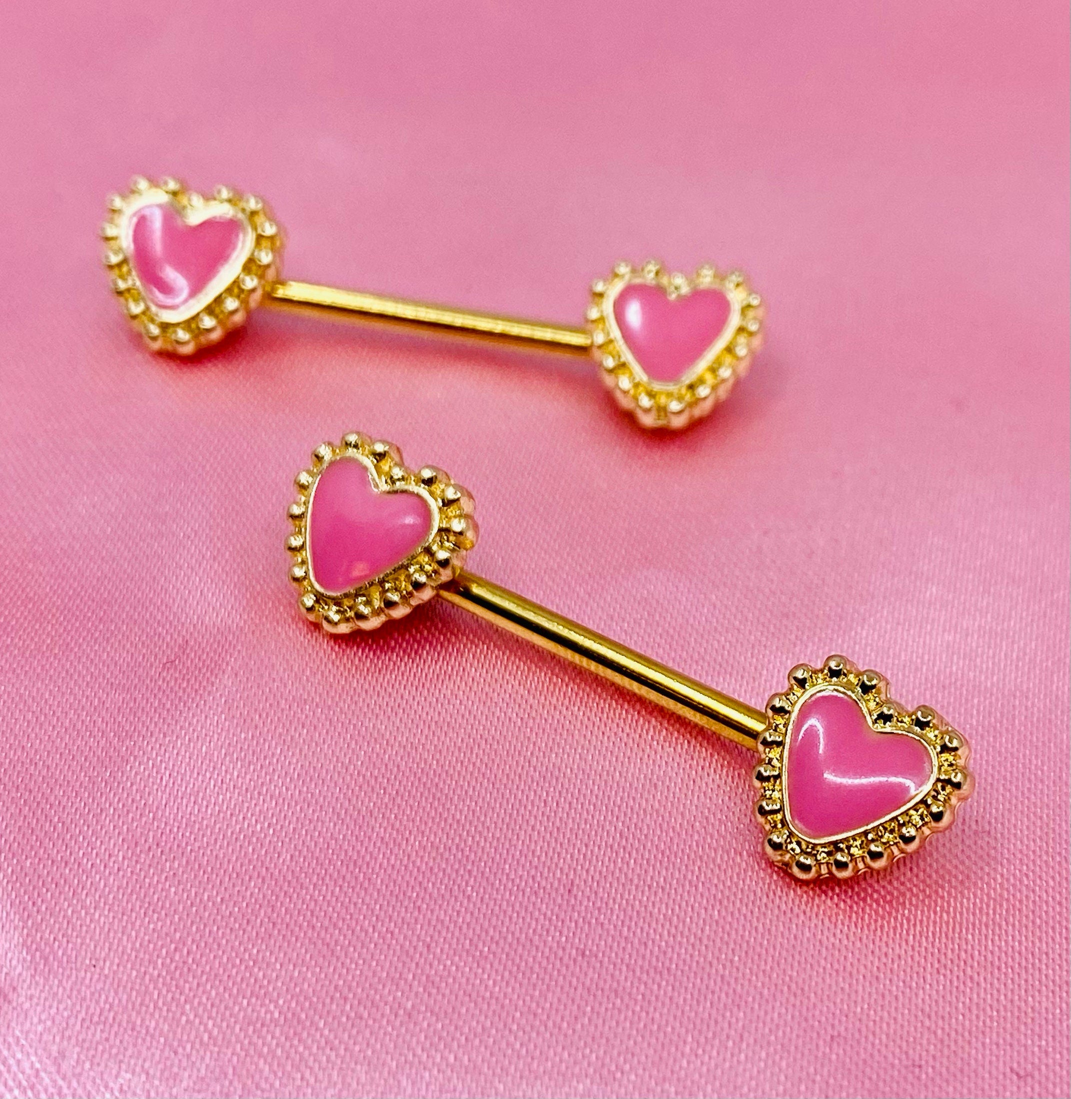 Pair of 14G Gold Pink Heart Nipple Barbells. Nipple Jewelry. Nipple Barbells. Nipple Piercing.