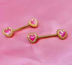 Pair of 14G Gold Pink Heart Nipple Barbells. Nipple Jewelry. Nipple Barbells. Nipple Piercing.