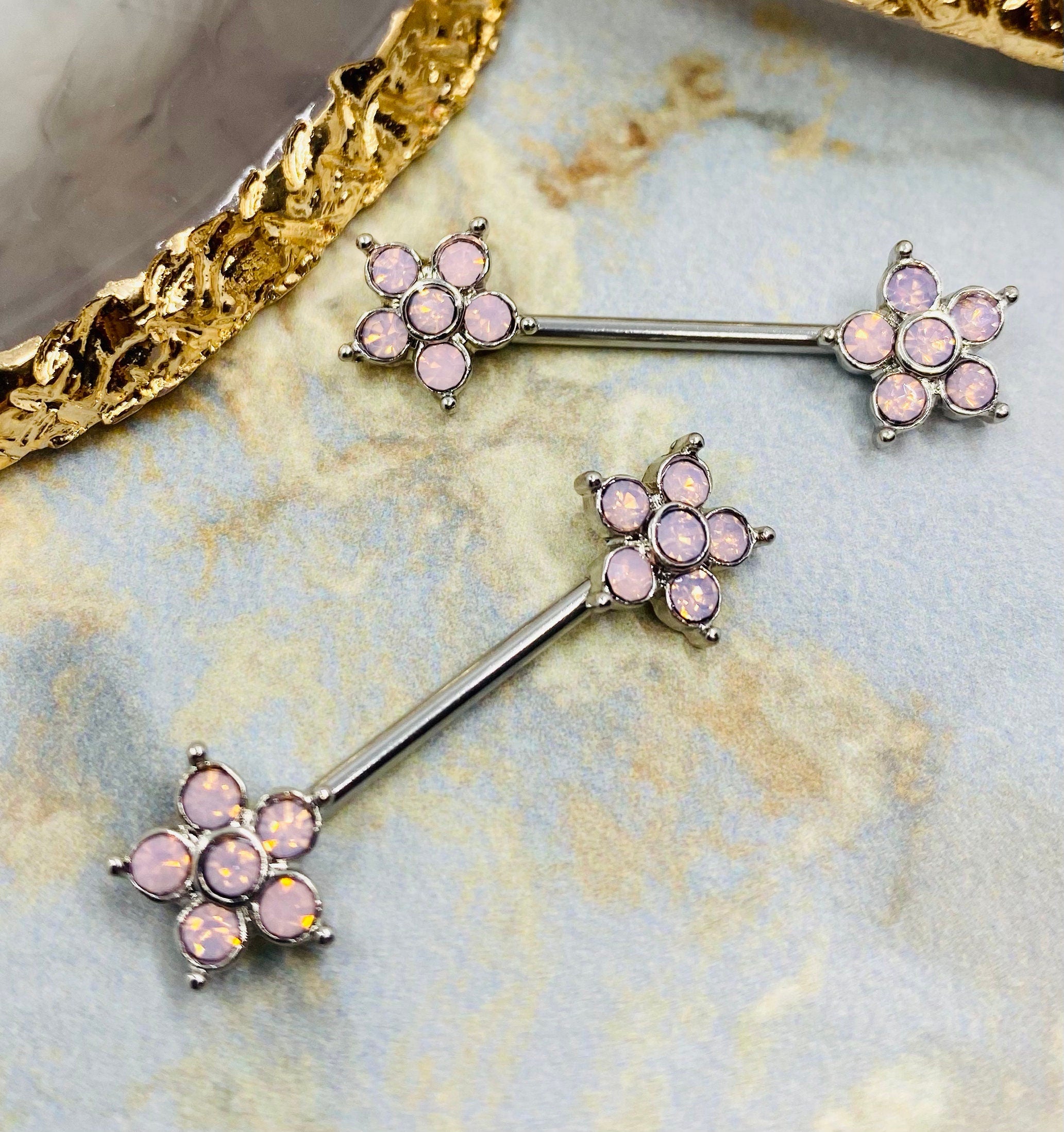 Pair of 14g Pink Opal Flower Prong set Nipple Barbells. Nipple Jewelry. Nipple Piercing.