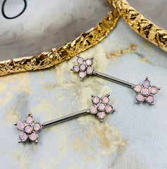 Pair of 14g Pink Opal Flower Prong set Nipple Barbells. Nipple Jewelry. Nipple Piercing.