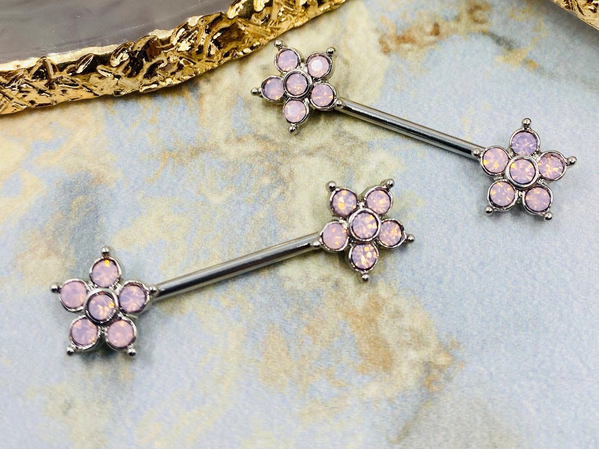 Pair of 14g Pink Opal Flower Prong set Nipple Barbells. Nipple Jewelry. Nipple Piercing.