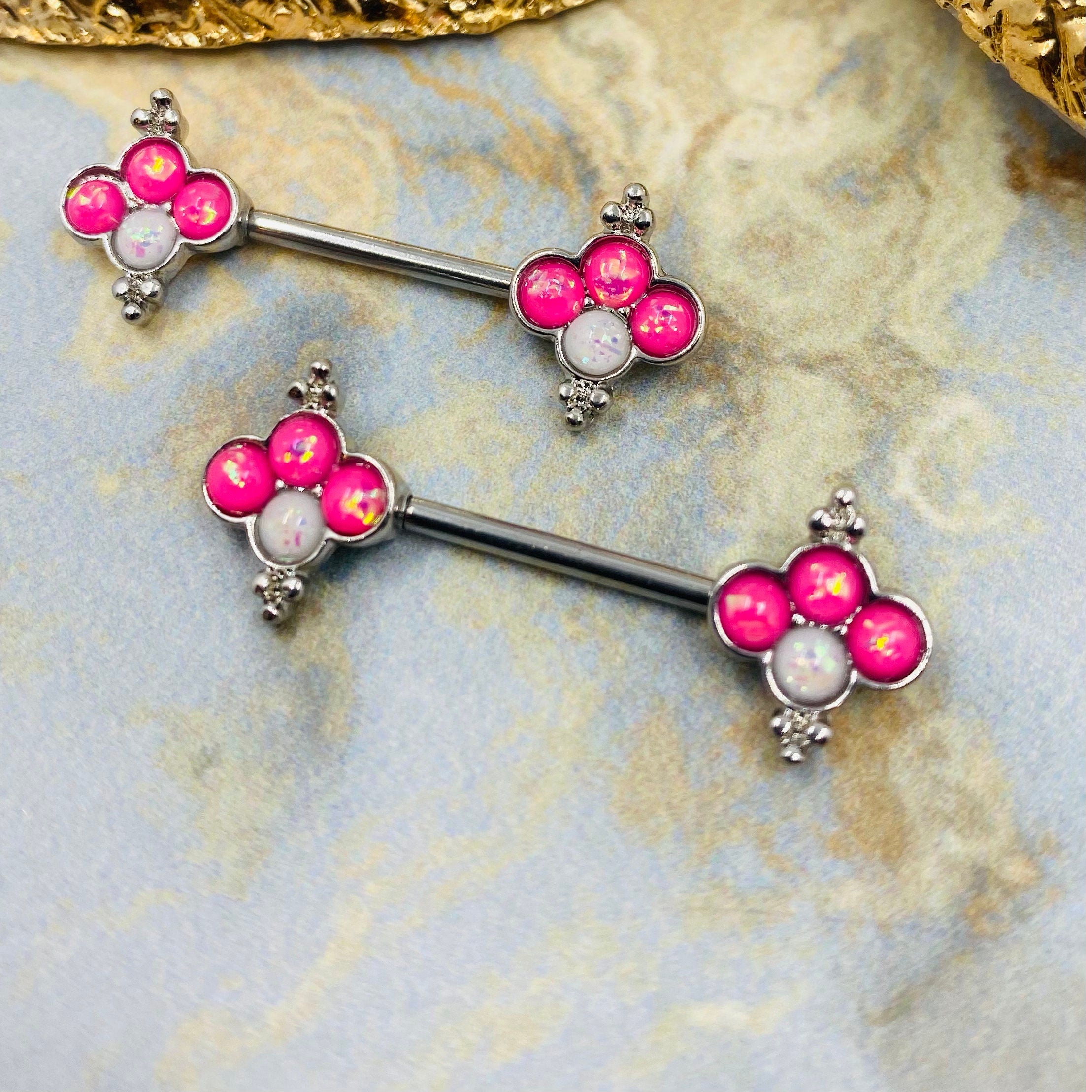 Pair of 14G White and Pink Glitter Opal Quatrefoil Shape Nipple Barbells. Nipple Jewelry. Nipple Piercing.