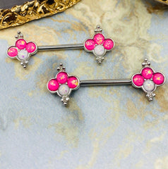 Pair of 14G White and Pink Glitter Opal Quatrefoil Shape Nipple Barbells. Nipple Jewelry. Nipple Piercing.