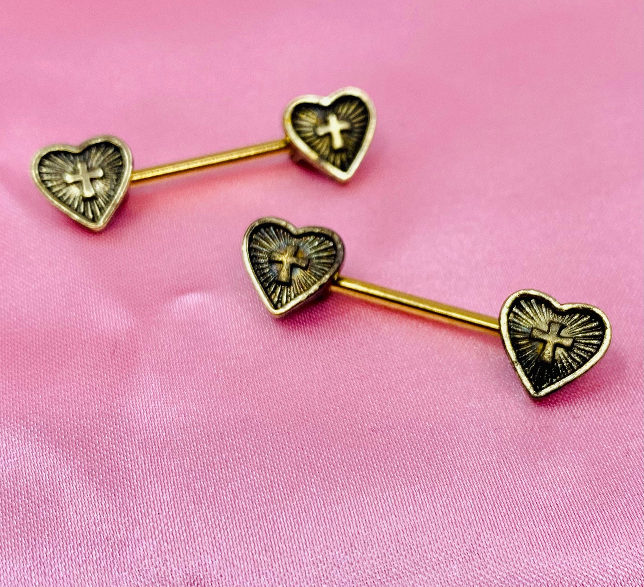 Pair of 14G Antique Gold Heart Cross Centered Nipple Barbell. Nipple Jewelry. Nipple Piercing.