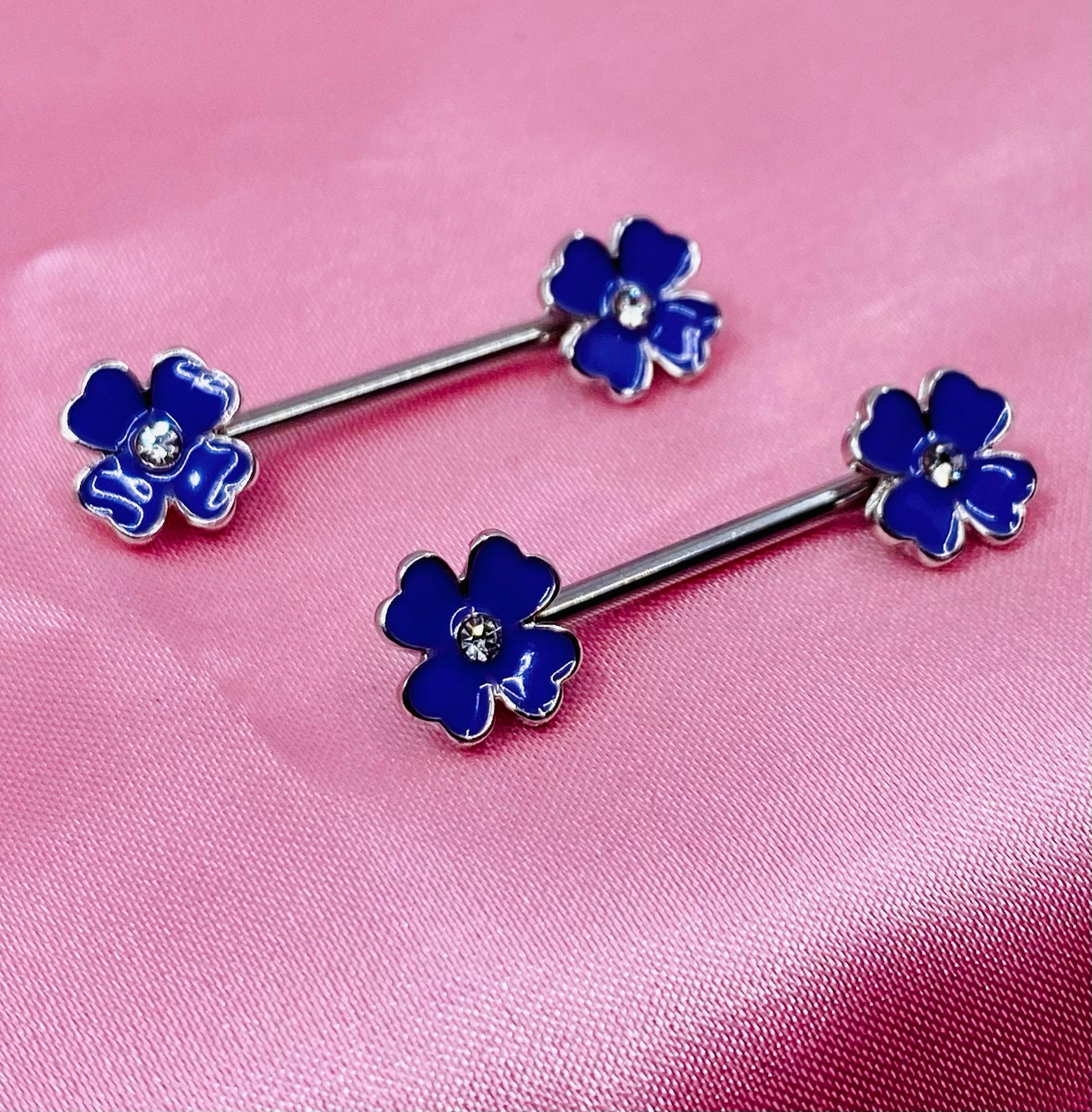 Pair of Purple and Gold Clover Flower with Clear Stone Nipple Barbell. Nipple Piercing. Nipple Jewelry.