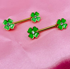 Pair of Green and Gold Clover Flower with Clear Stone Nipple Barbell. Nipple Piercing. Nipple Jewelry.