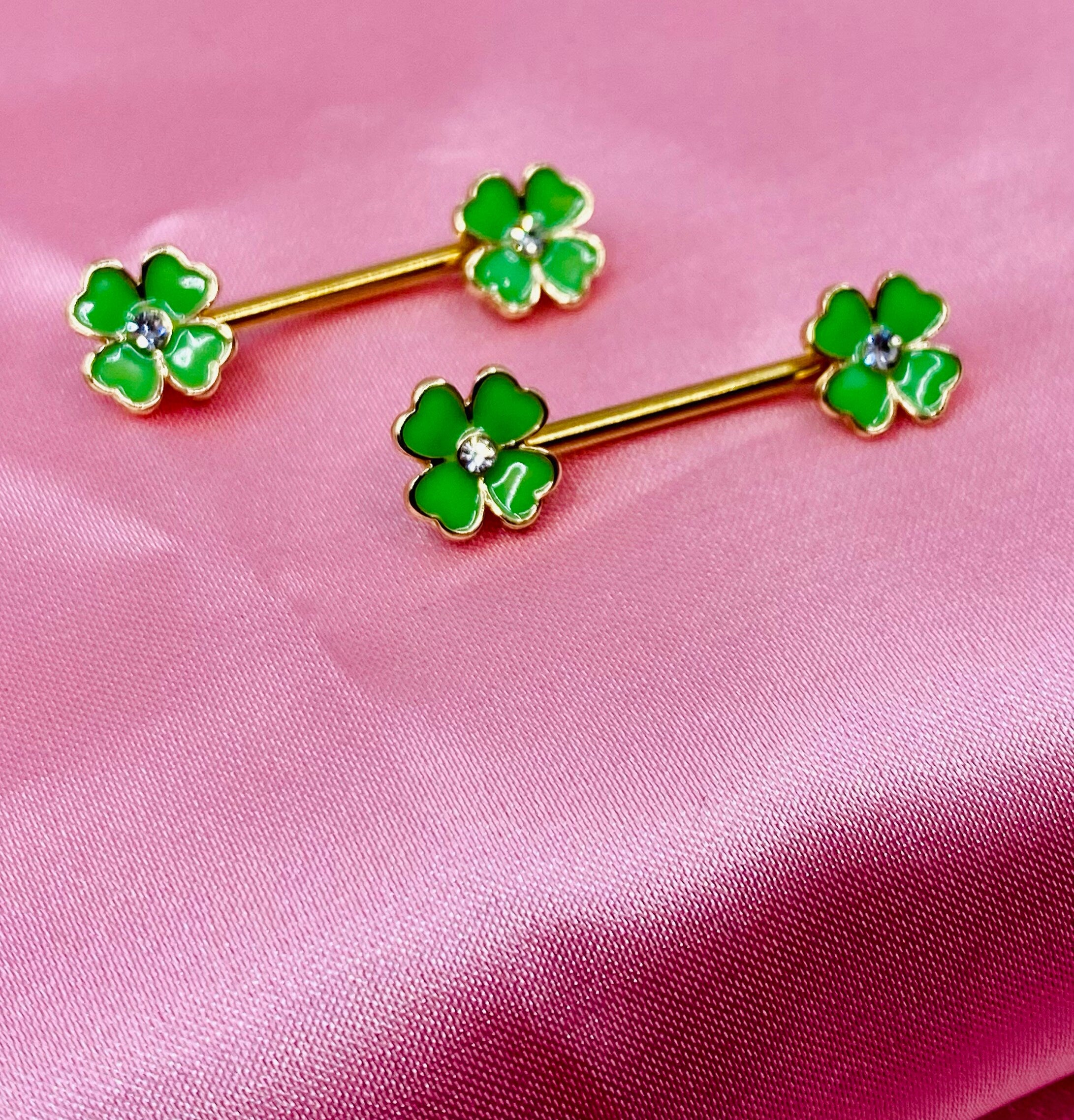 Pair of Green and Gold Clover Flower with Clear Stone Nipple Barbell. Nipple Piercing. Nipple Jewelry.