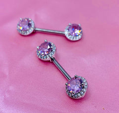 14G Pink Round Crystal Gem Paved Nipple Barbell. Nipple Piercing. Nipple Jewelry.