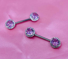 14G Pink Round Crystal Gem Paved Nipple Barbell. Nipple Piercing. Nipple Jewelry.