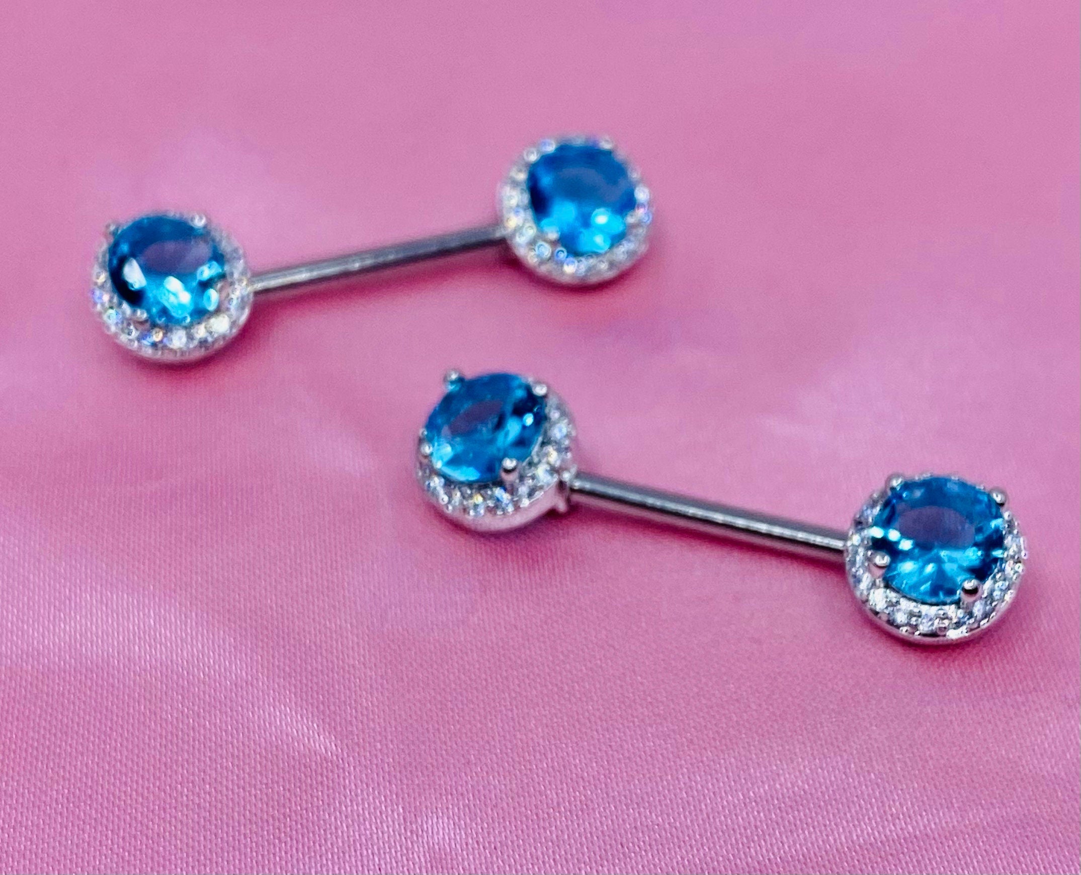 14G Blue Round Crystal Gem Paved Nipple Barbell. Nipple Piercing. Nipple Jewelry.