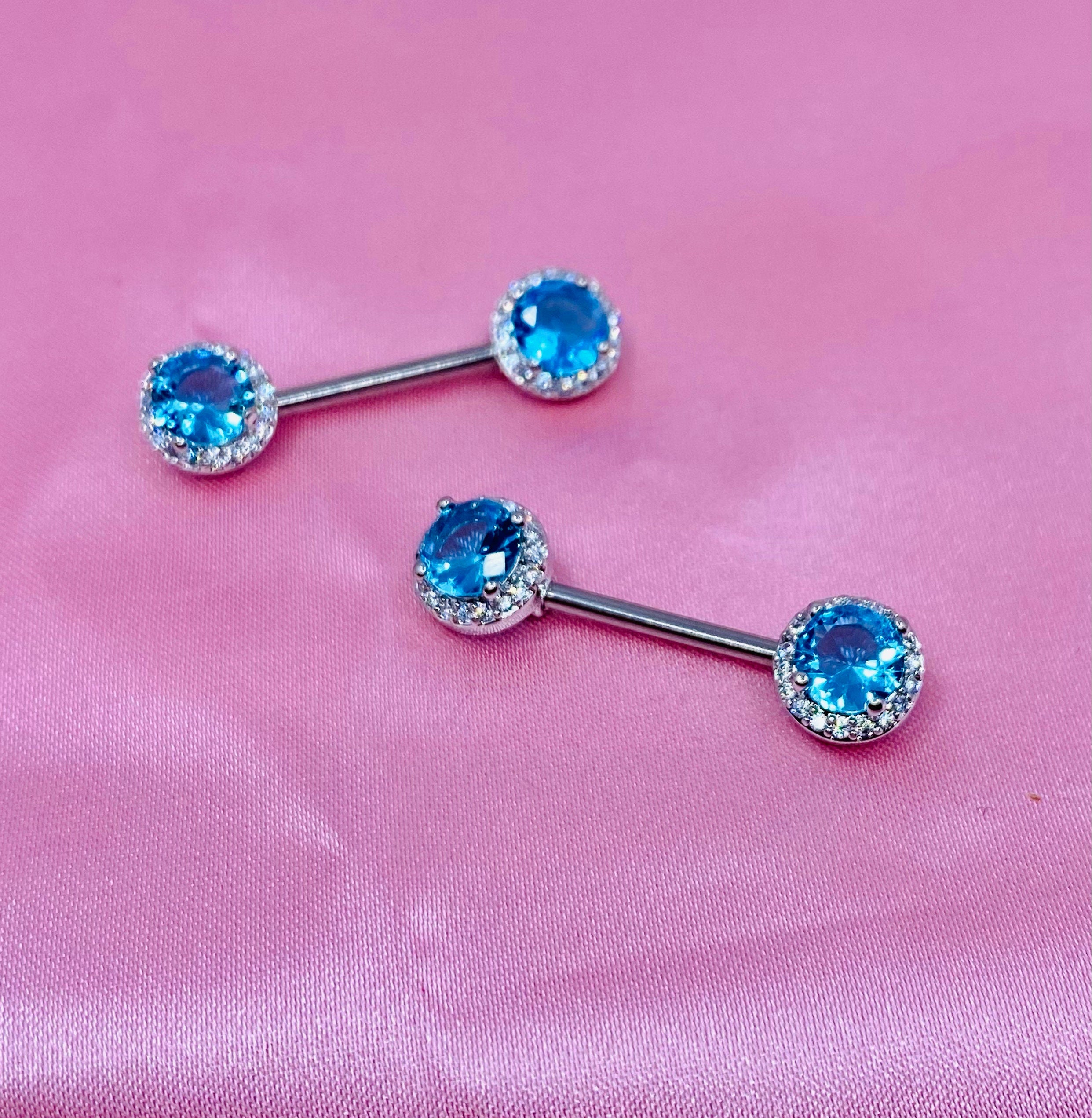 14G Blue Round Crystal Gem Paved Nipple Barbell. Nipple Piercing. Nipple Jewelry.