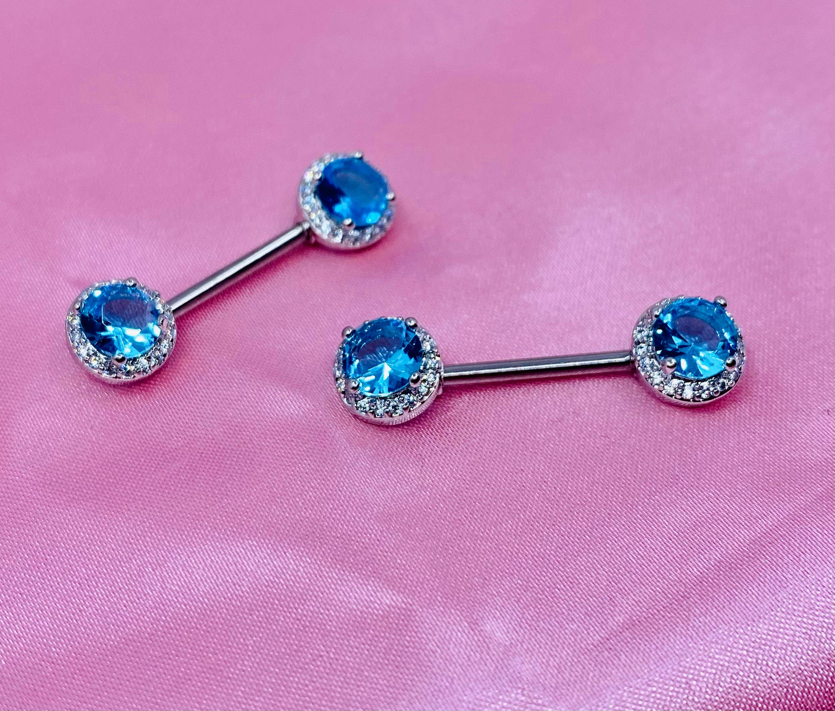 14G Blue Round Crystal Gem Paved Nipple Barbell. Nipple Piercing. Nipple Jewelry.