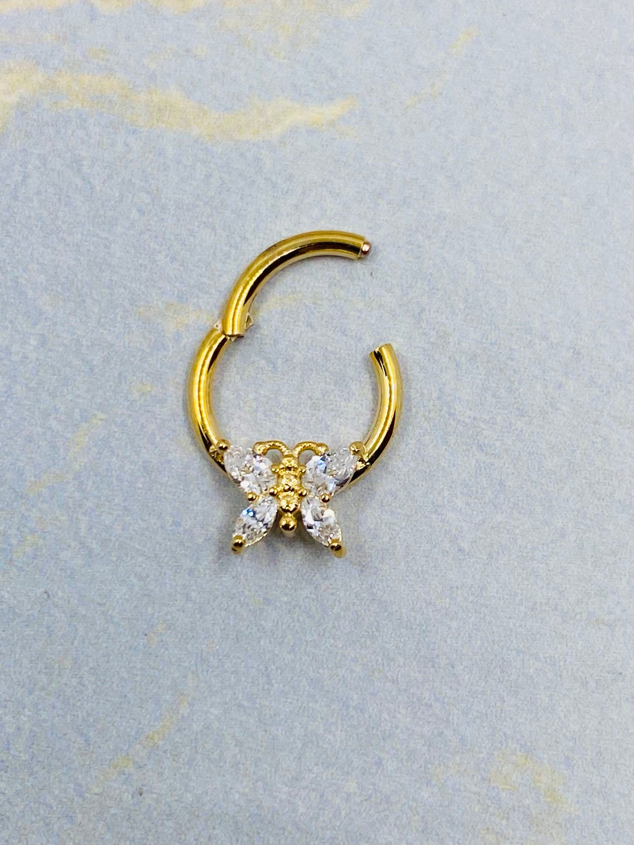 Gold Butterfly with CZ 16G Hinged Hoop Septum Ring. Septum clicker. Septum Jewelry .