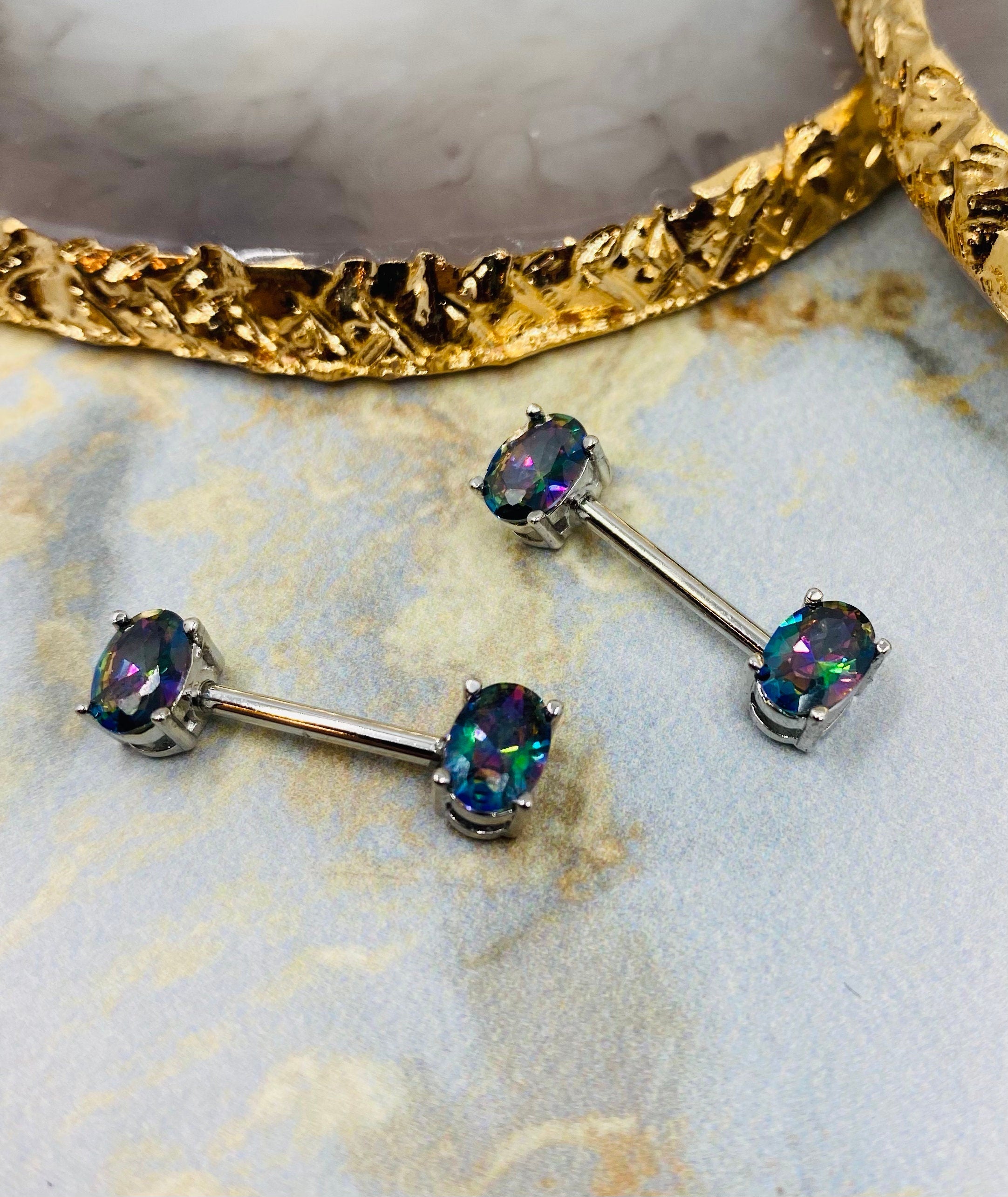 Pair of 14G Rainbow Stone Oval Prong Nipple Barbell Set. Nipple Piercing. Nipple Barbells. Surgical Steel.