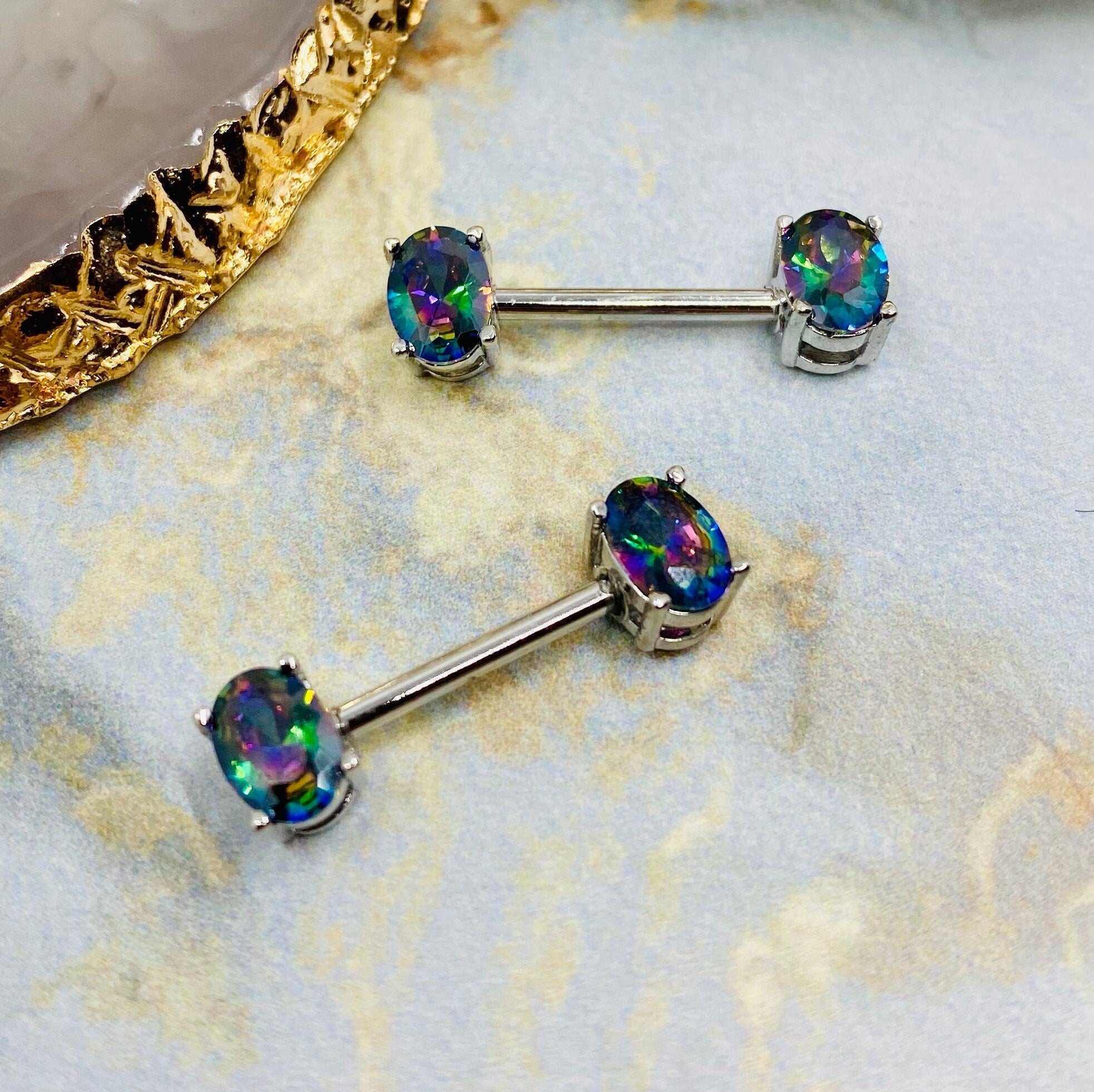 Pair of 14G Rainbow Stone Oval Prong Nipple Barbell Set. Nipple Piercing. Nipple Barbells. Surgical Steel.