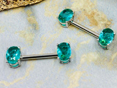 Pair of 14G Blue Stone Oval Prong Nipple Barbell Set. Nipple Piercing. Nipple Barbells. Surgical Steel.