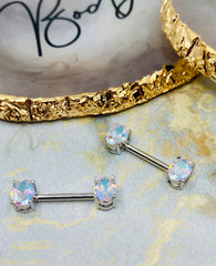 Pair of 14G Multicolor Stone Oval Prong Nipple Barbell Set. Nipple Piercing. Nipple Barbells. Surgical Steel.