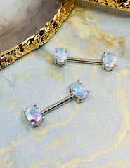 Pair of 14G Multicolor Stone Oval Prong Nipple Barbell Set. Nipple Piercing. Nipple Barbells. Surgical Steel.