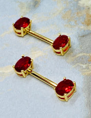 14G Gold Red Oval Nipple Piercing. Nipple Barbells. Nipple Jewelry