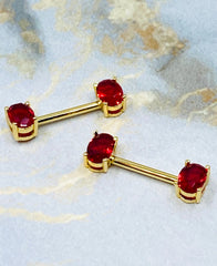 14G Gold Red Oval Nipple Piercing. Nipple Barbells. Nipple Jewelry