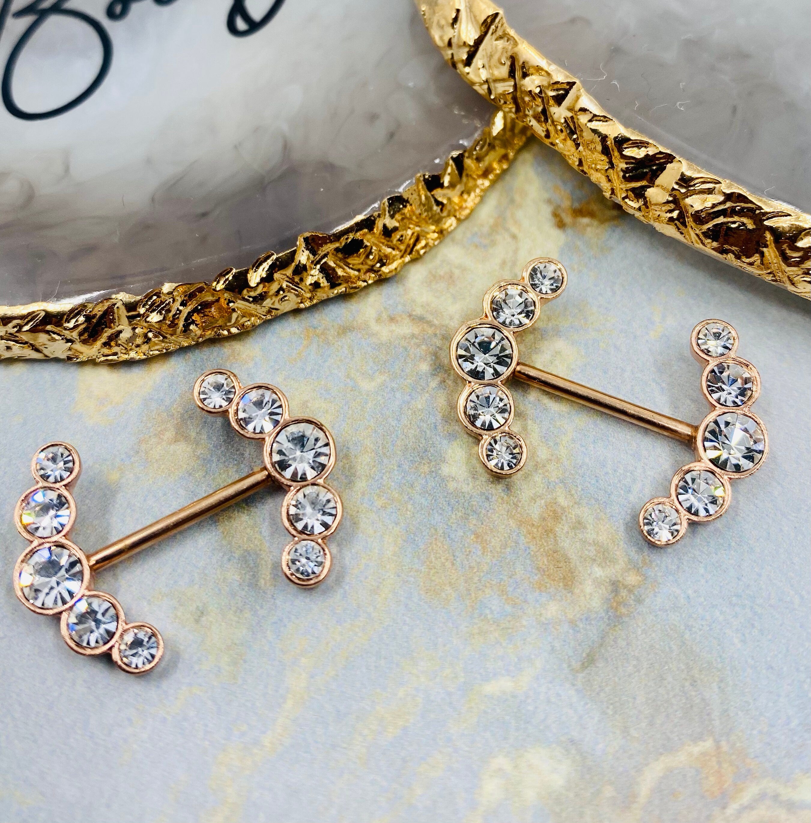 14G Rose Gold Clear Round Crystal Ends Nipple Barbells. Nipple Piercings. Nipple Rings. Nipple Jewelry