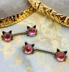 Pair of 14G Cute Kitty Face with Pink Stone Nipple Barbells. Nipple Jewelry.