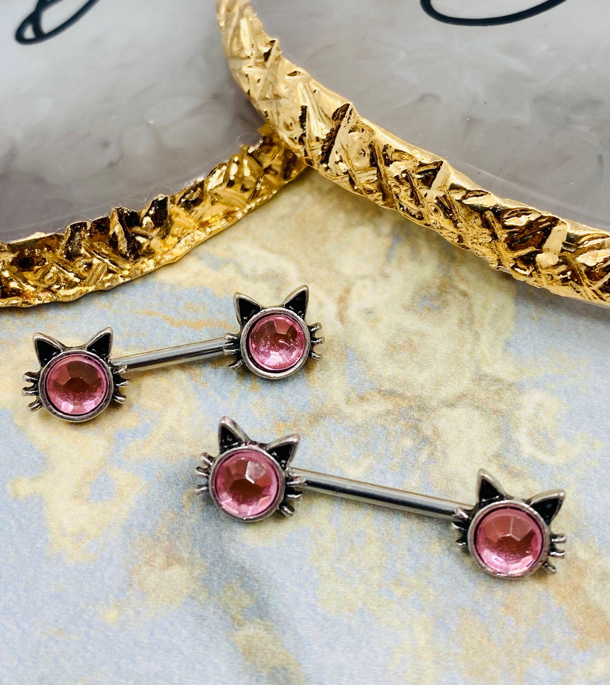 Pair of 14G Cute Kitty Face with Pink Stone Nipple Barbells. Nipple Jewelry.