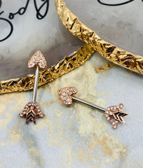 14G Rose Gold Bow and Arrow Heart with Paved CZs Nipple Barbells. Nipple jewelry. Nipple Piercing.