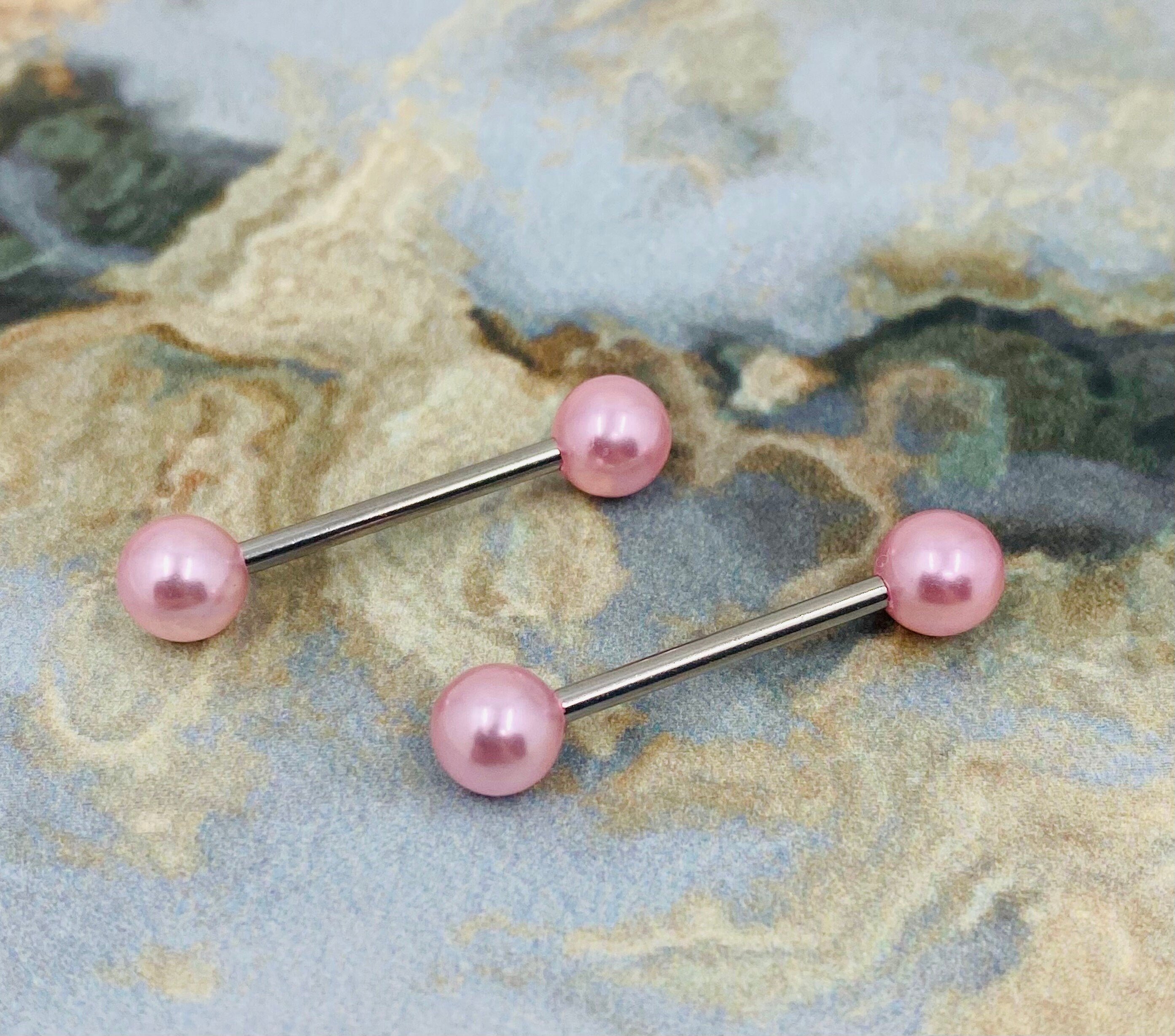 Pair of 14G Pink Pearls Nipple Barbells. Nipple Piercing. Nipple Jewelry. Nipple Rings