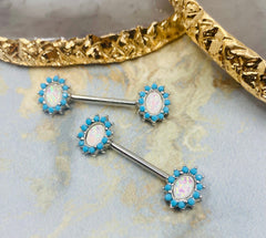 Pair of 14G Silver Elegant Opal with Turquoise Stone Nipple Barbells. Nipple Rings. Nipple Piercing. Nipple Jewelry