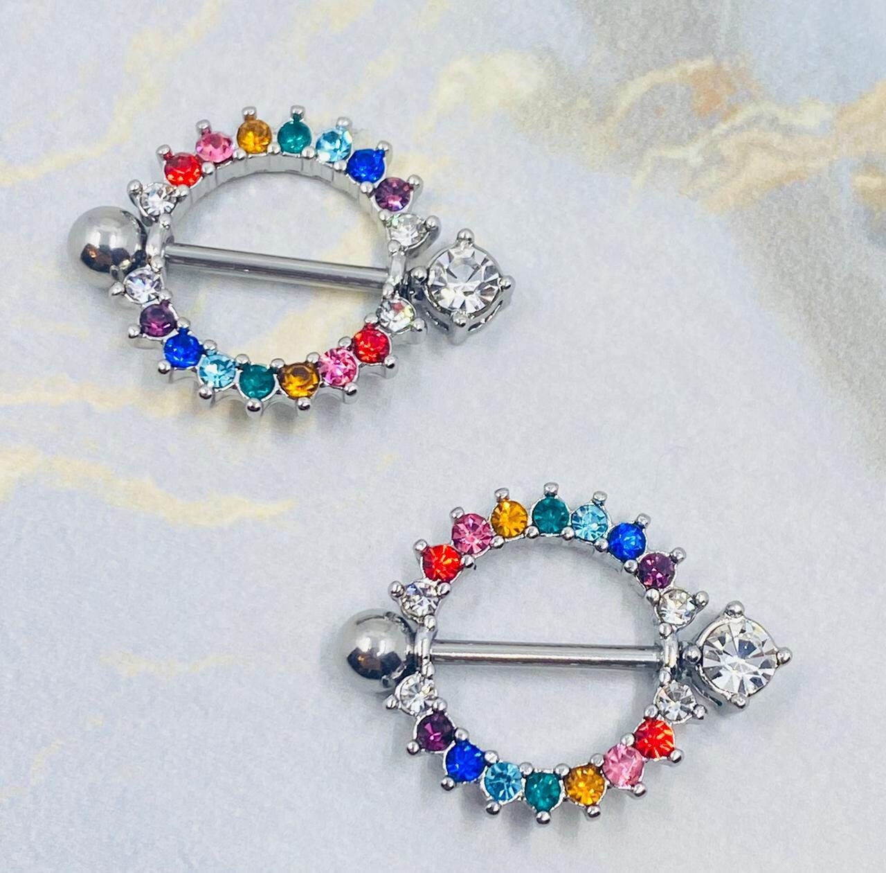 Pair of 14G Silver Circle of Life Nipple Shields with Sparkling Multicolored Stones. Nipple Rings. Nipple Piercing