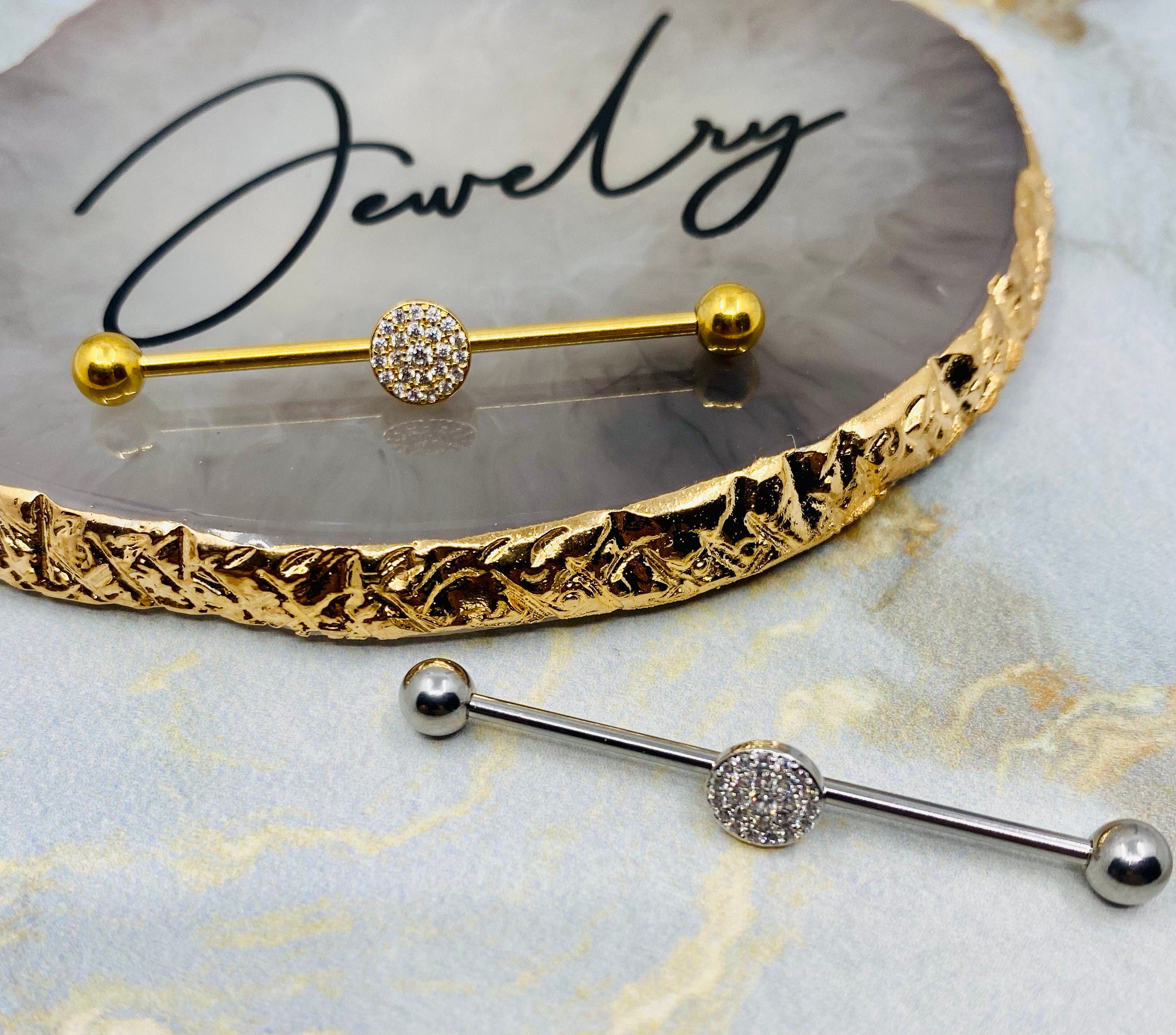 14G Gold Round Multi Paved CZ's 38MM Length Industrial Barbell.