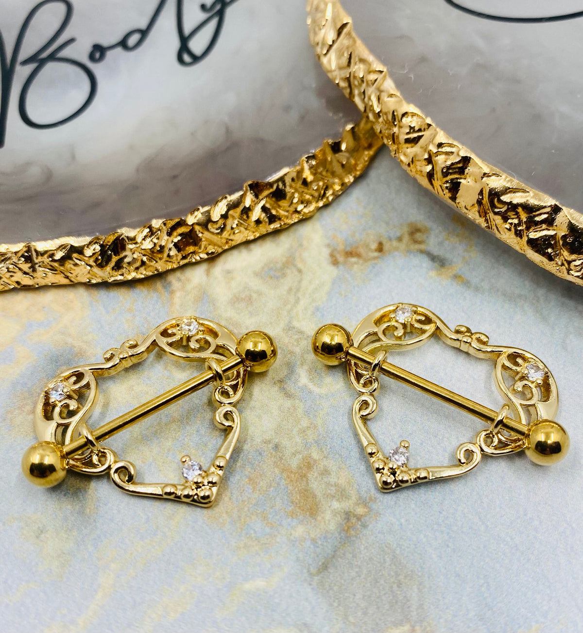 Pair of 14G Gold Vine Heart Nipple Barbells. Nipple Piercing.Nipple Jewelry.