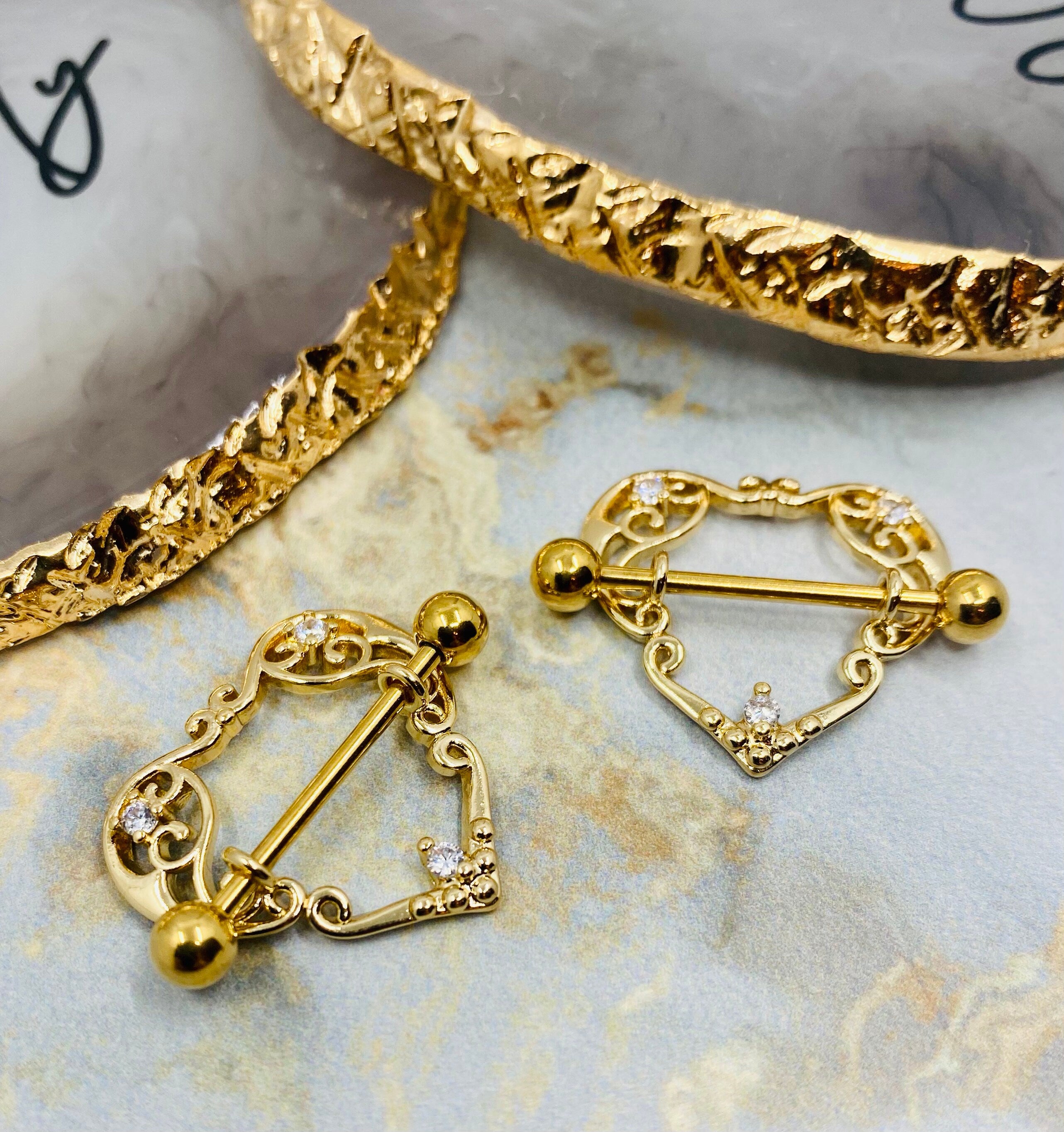 Pair of 14G Gold Vine Heart Nipple Barbells. Nipple Piercing.Nipple Jewelry.