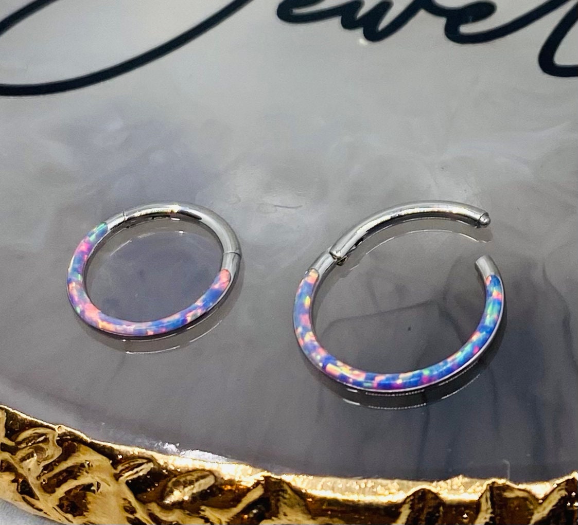 16G Surgical Steel Pink Opal Inlay Front Facing 10MM/8MM Septum Clicker Ring. Septum Piercing. Septum Ring. Nose Piercing. Nose Ring.