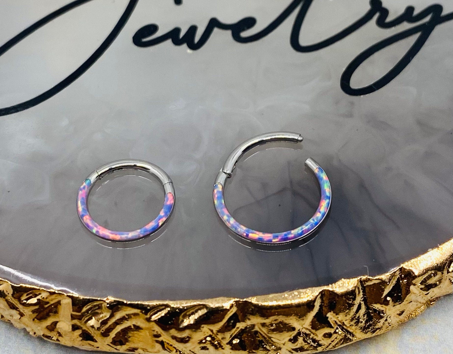 16G Surgical Steel Pink Opal Inlay Front Facing 10MM/8MM Septum Clicker Ring. Septum Piercing. Septum Ring. Nose Piercing. Nose Ring.