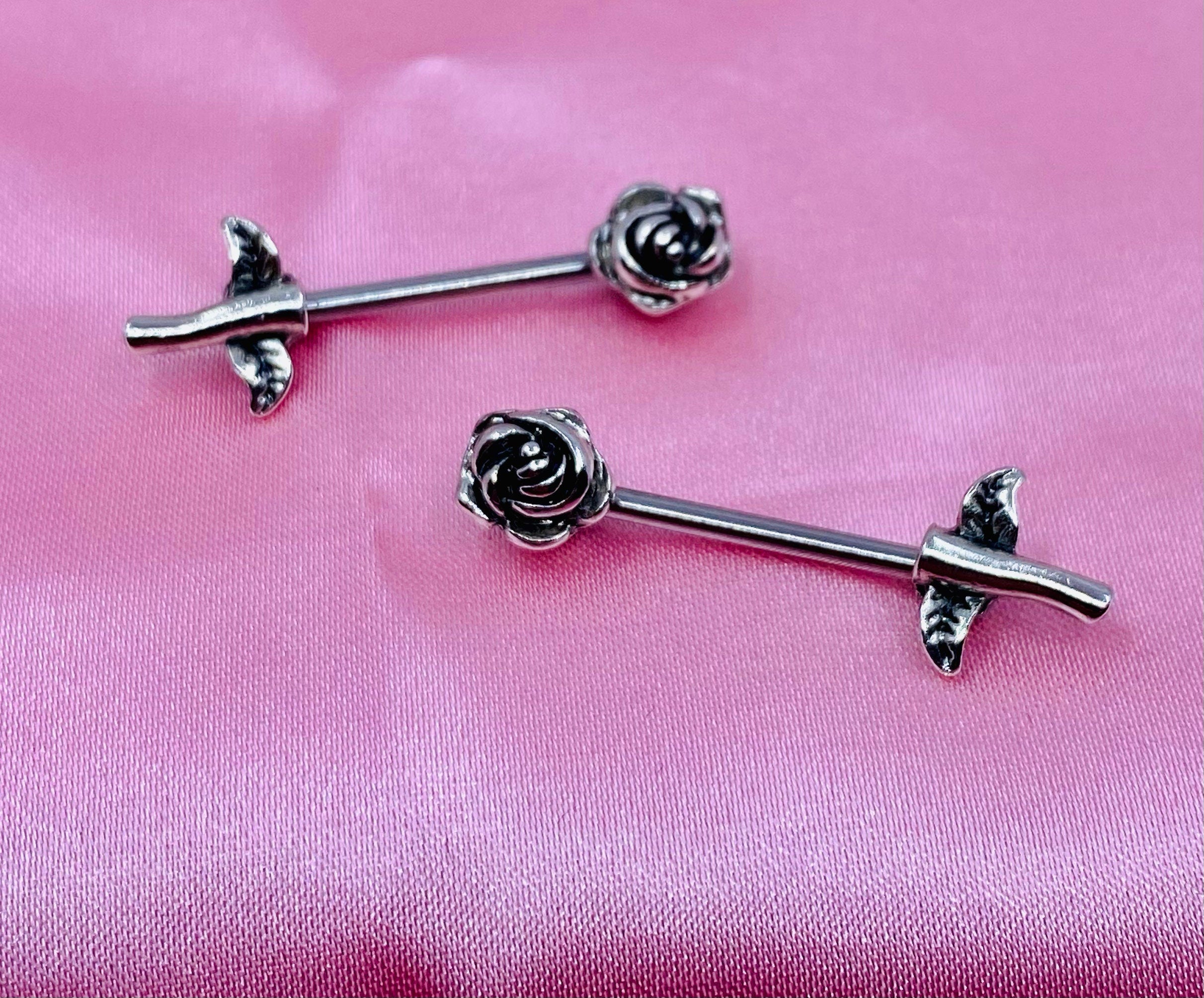 Pair of 14G Antique Silver Rose Flower Stem Nipple Barbells. Nipple Jewelry. Nipple Piercing.