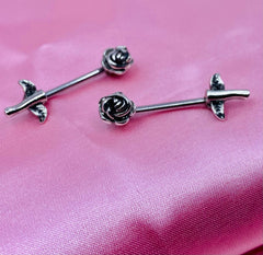 Pair of 14G Antique Silver Rose Flower Stem Nipple Barbells. Nipple Jewelry. Nipple Piercing.