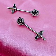 Pair of 14G Antique Silver Rose Flower Stem Nipple Barbells. Nipple Jewelry. Nipple Piercing.