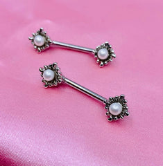 A Set of 14g Silver Sun Rays with Pearl Centered Stone Nipple Barbells. Nipple Jewelry. Nipple Piercing.