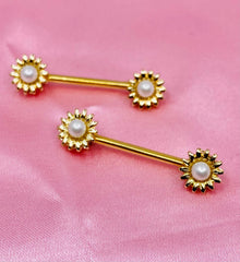 14G Gold Daisy Flower with Centered Pearl Nipple Barbell. Nipple Jewelry. Nipple Piercing.