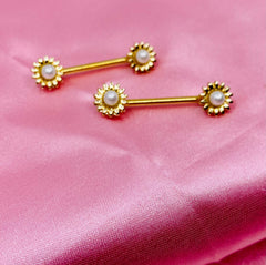 14G Gold Daisy Flower with Centered Pearl Nipple Barbell. Nipple Jewelry. Nipple Piercing.