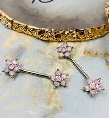 Pair of 14g Pink Opal Flower Prong set Nipple Barbells. Nipple Jewelry. Nipple Piercing.