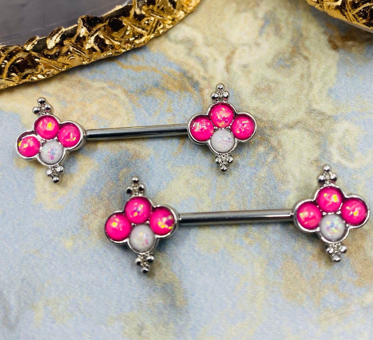 Pair of 14G White and Pink Glitter Opal Quatrefoil Shape Nipple Barbells. Nipple Jewelry. Nipple Piercing.