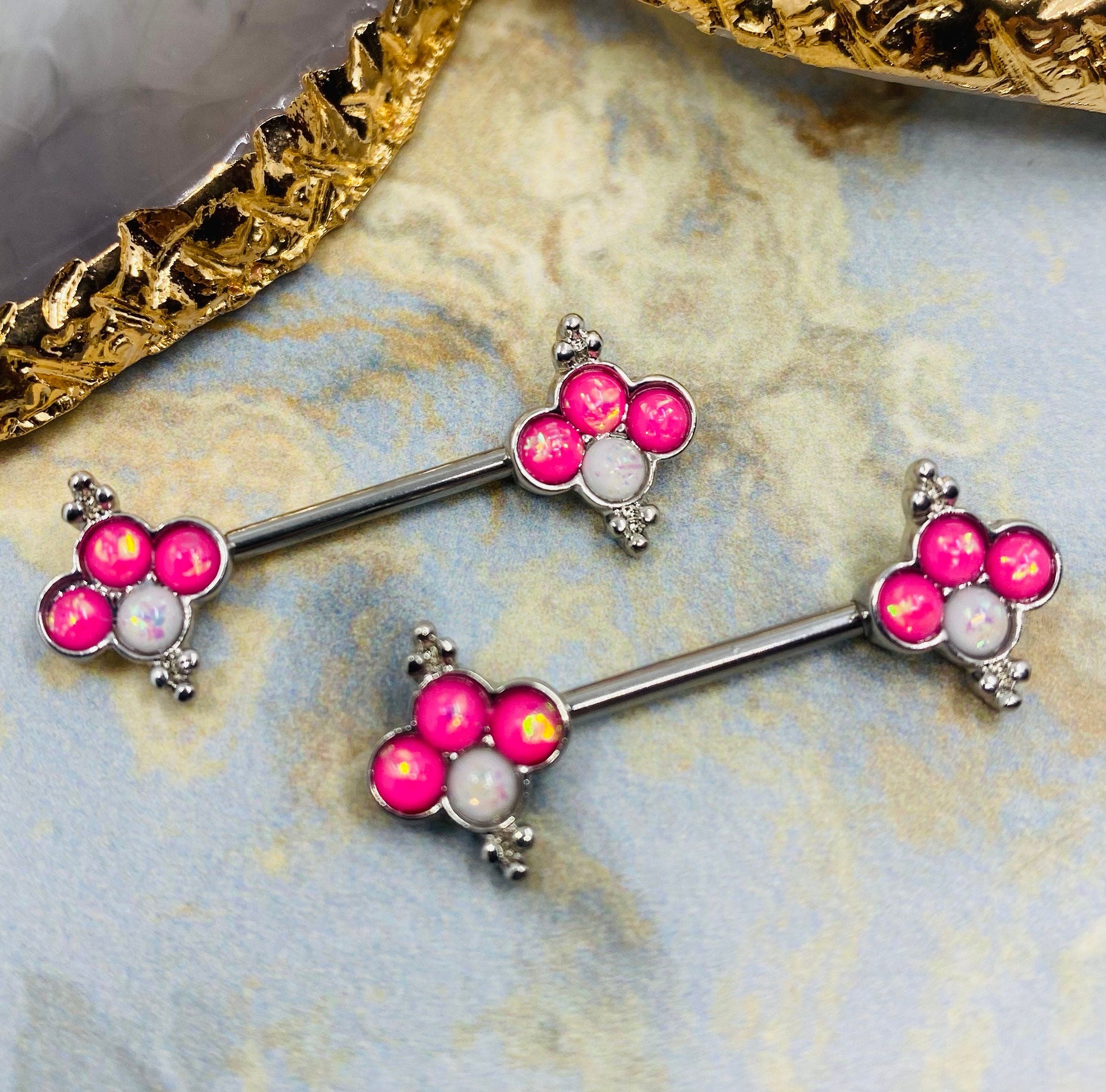 Pair of 14G White and Pink Glitter Opal Quatrefoil Shape Nipple Barbells. Nipple Jewelry. Nipple Piercing.