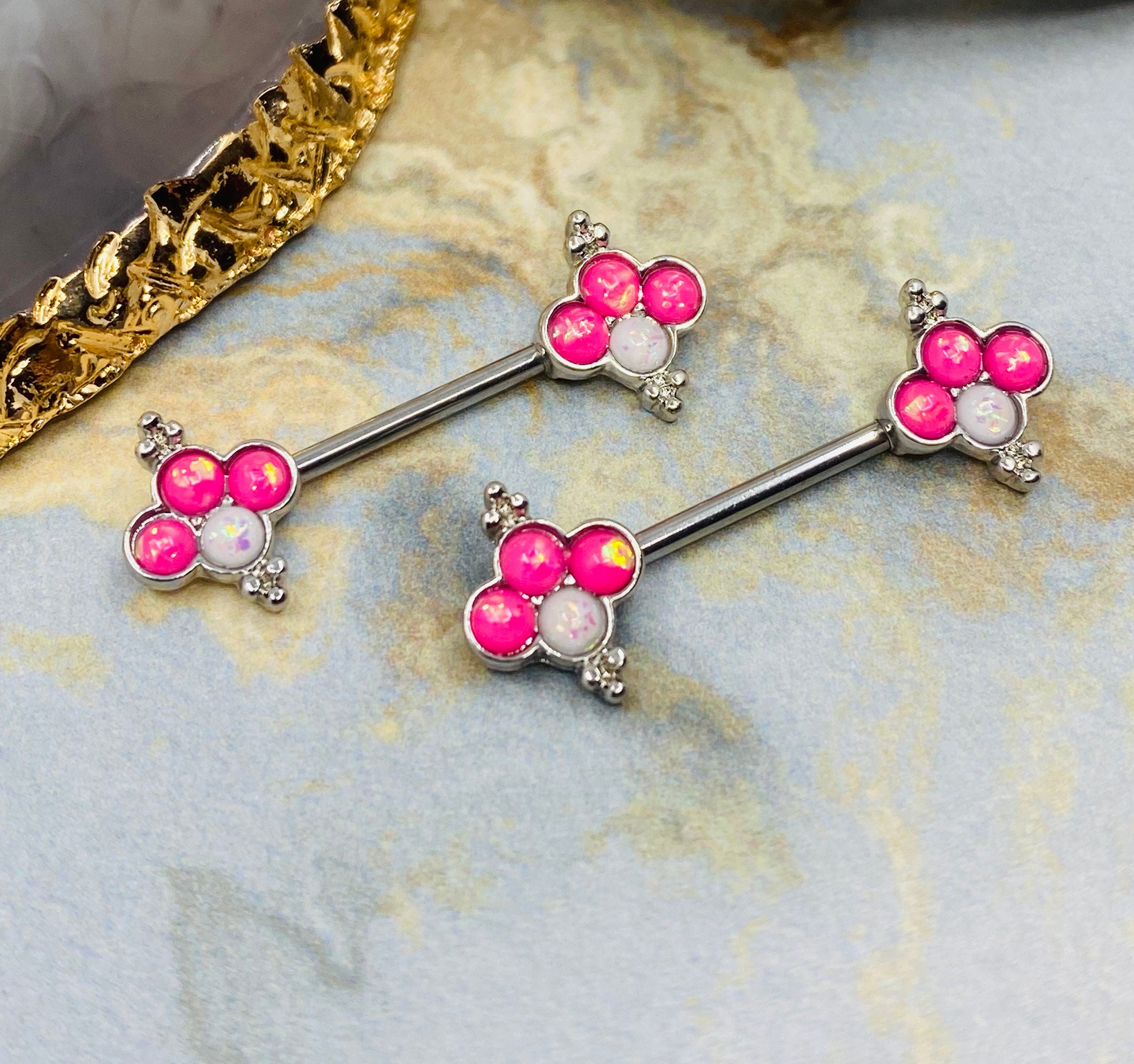 Pair of 14G White and Pink Glitter Opal Quatrefoil Shape Nipple Barbells. Nipple Jewelry. Nipple Piercing.